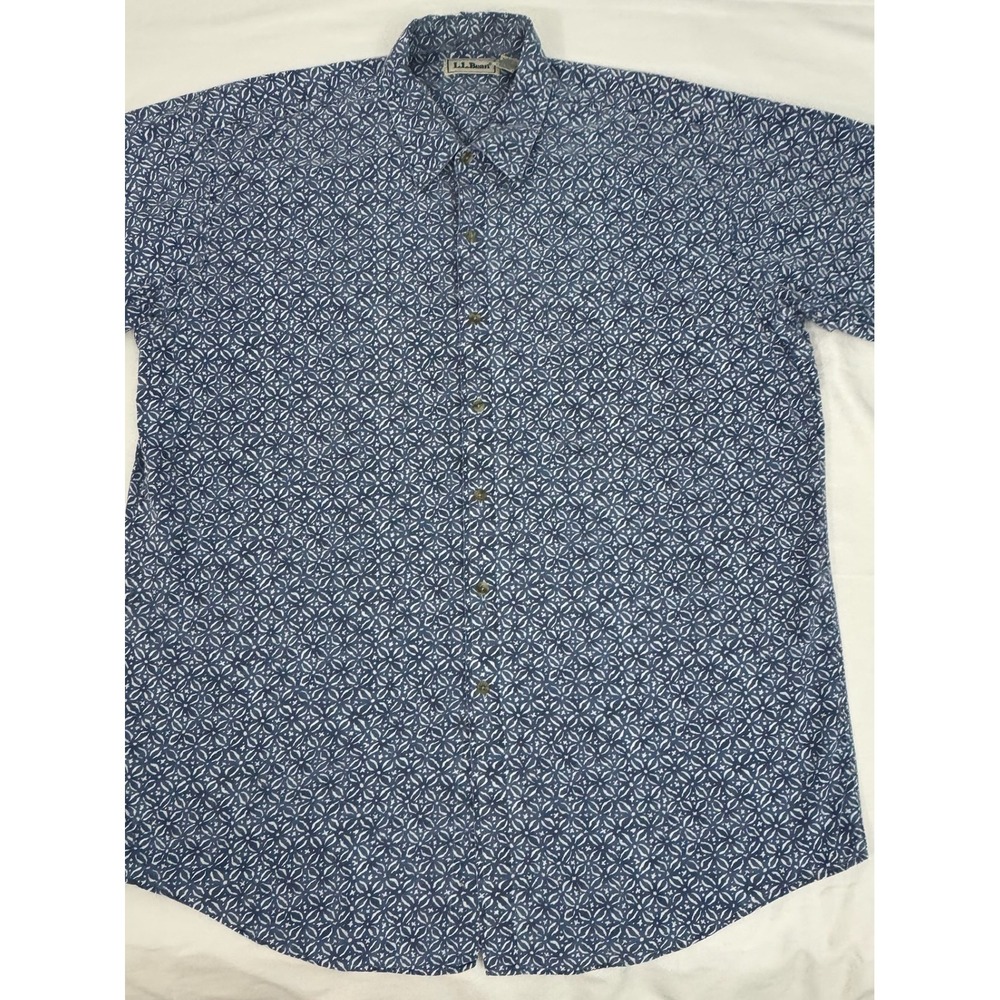 LL Bean Button Down Shirt Mens Large Tall Blue Geometric Cotton Short Sleeve